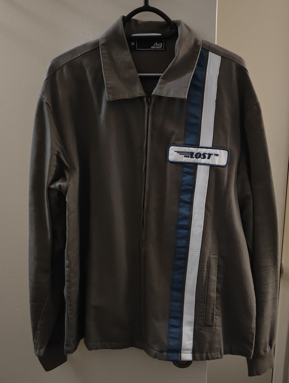 Lost Men's Olive Green Zip Jacket with Blue & White Stripes